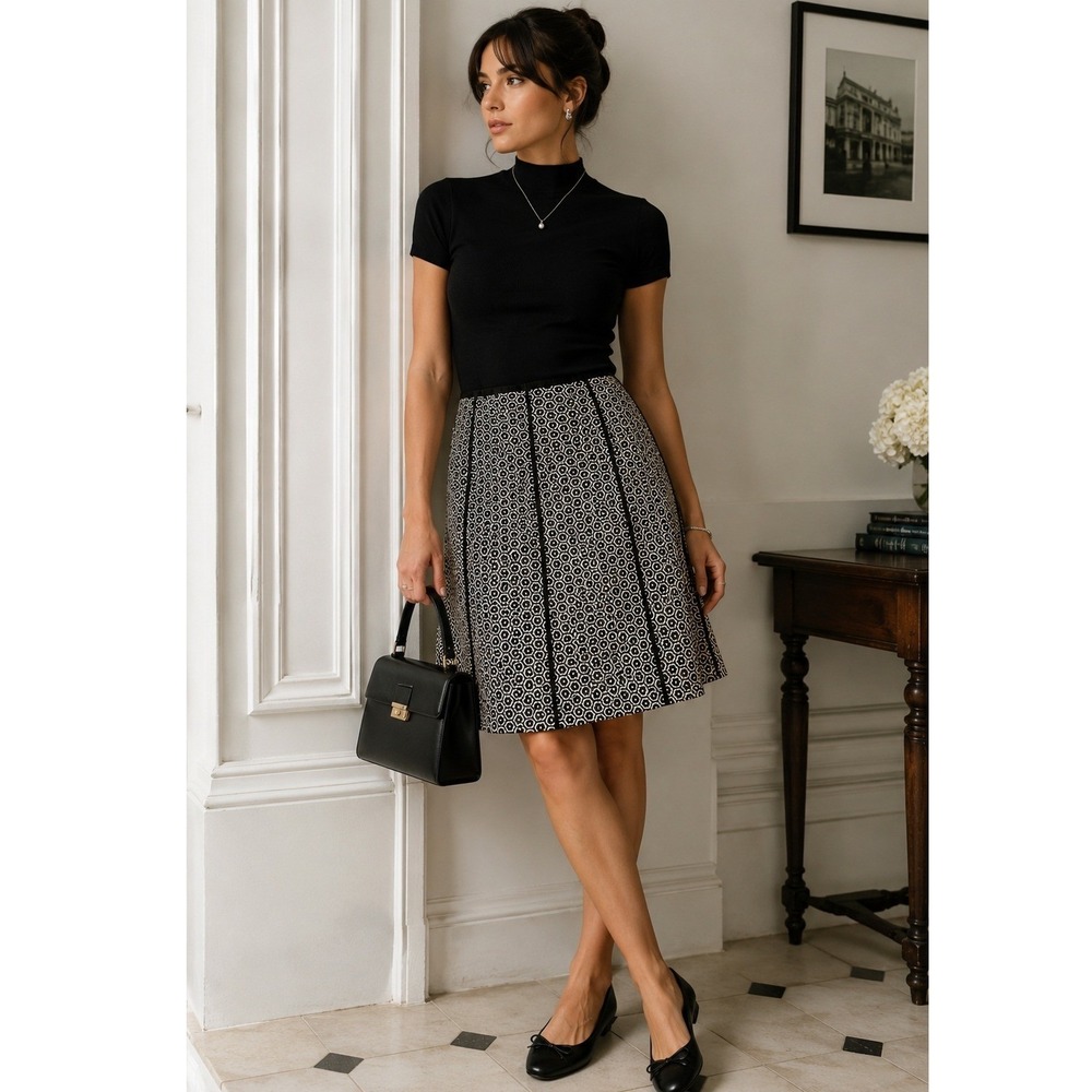 Style & Co 100% Silk Skirt Size 16 Black White Micro Floral A-Line NWT Retro Mod
